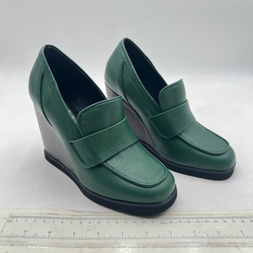 YDN Dark Green Dressy Pump Square Closed Toe Slip On Loafers Wedges Heeled Shoes - Picture 4 of 8